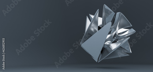 Metal object with shiny surface and beautiful reflections. Round corner background. Studio rendering. Soft lightning. Smooth shadows. Glossy metal material. Artistic and  abstract design. Copy space
