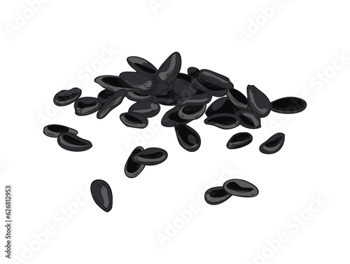 Sesame seed black pile vector cartoon illustration, Color hand drawn sketch dry grain, black corns on white background
