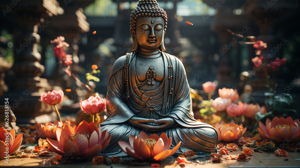 Obraz premium Buddha statue with lotus flower background. Generative Ai
