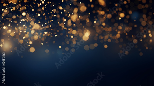 An abstract background featuring dark blue and golden particles. Christmas golden light shines, creating a bokeh effect on the navy blue background. Gold foil texture is also present.  Generative AI © Nico Vincentini