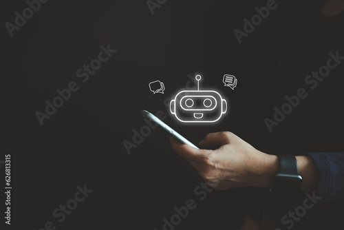 AI technology, Artificial Intelligence, Chatbot Chat and talk with AI, Using for search and find data by command prompt, robot learning machine create or generate picture or article auto
