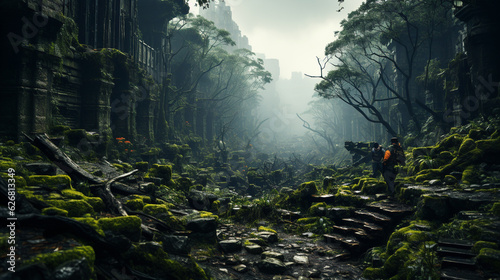 Decaying skyline in post-apocalyptic forest. Generative Ai