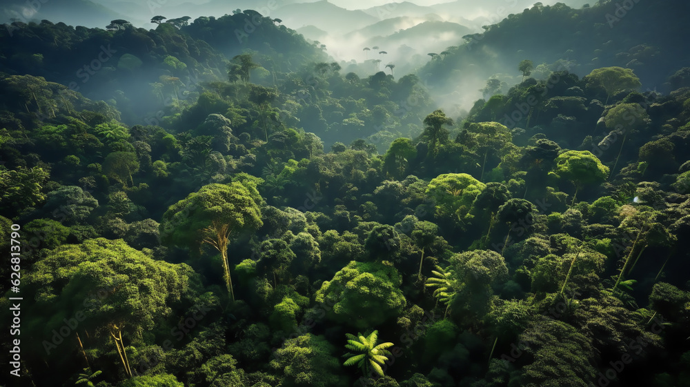Aerial view of dense tropical rainforest. Generative AI. Aerial view of dense tropical rainforest. Generative AI.