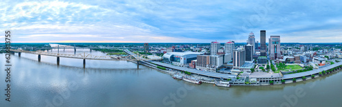 Wide view downtown Louisville KY US panorama aerial Ohio River waterway, boats, and bridges © Nicholas J. Klein