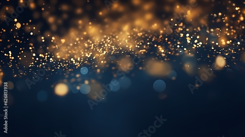 Fotografiet An abstract background featuring dark blue and golden particles