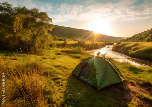 Camping and tent on the grass nearby river in morning. Natural beautiful camping spot