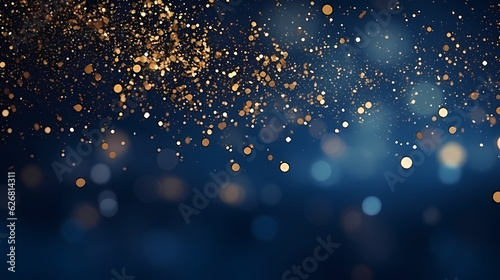 An abstract background featuring dark blue and golden particles. Christmas golden light shines, creating a bokeh effect on the navy blue background. Gold foil texture is also present. 
Generative AI