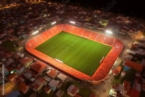 A soccer stadium, aerial view - Generative AI