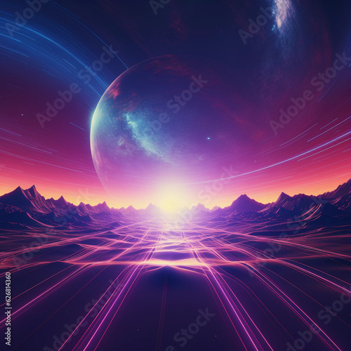 Planet Over Glowing Nebula on Colorful Space Background
