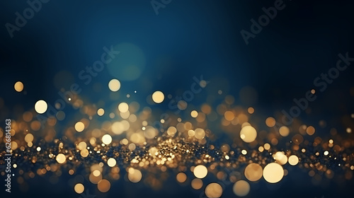 An abstract background featuring dark blue and golden particles. Christmas golden light shines, creating a bokeh effect on the navy blue background. Gold foil texture is also present. 
Generative AI