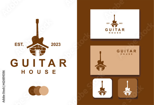 guitar house logo design vector template and business card with editable text
