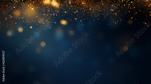 An abstract background featuring dark blue and golden particles. Christmas golden light shines, creating a bokeh effect on the navy blue background. Gold foil texture is also present. 
Generative AI