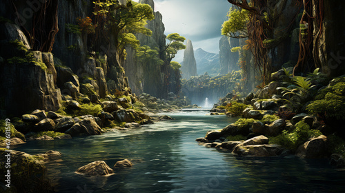 Jungle  river  and rocks. Generative Ai