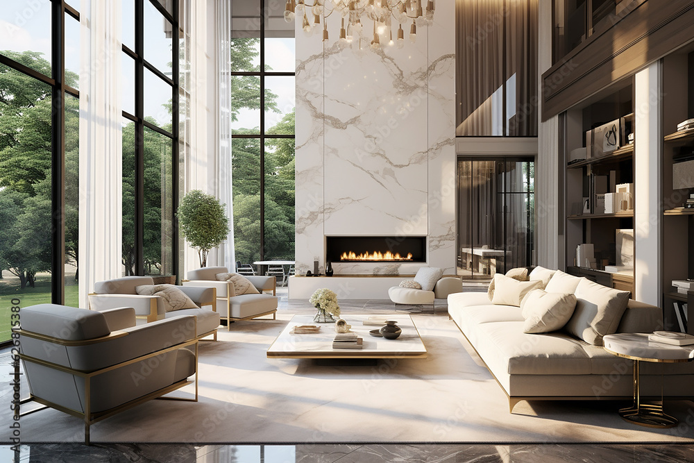 Luxury living room interior with fireplace, sofa and coffee table. 3D Rendering Luxury living room interior with fireplace, sofa and coffee table. 3D Rendering
