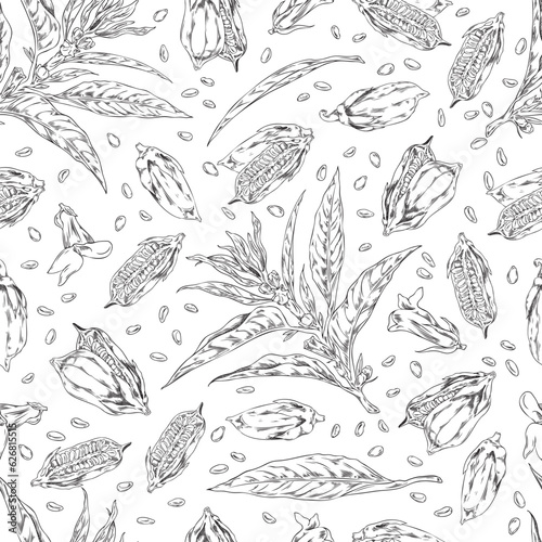 Sesame seeds with leaves and flowers, seamless pattern in sketch style, vector illustration.