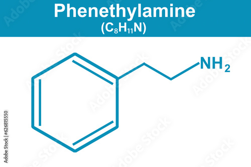 Chemistry illustration of Phenethylamine C8H11N in blue photo