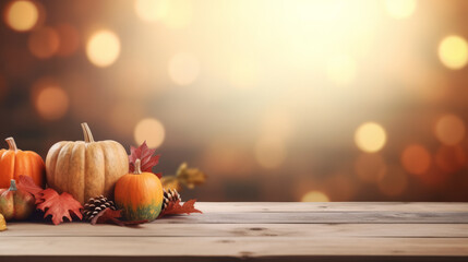 Wooden table, free space, with thanksgiving theme blurred background