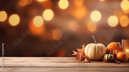 Wooden table, free space, with thanksgiving theme blurred background