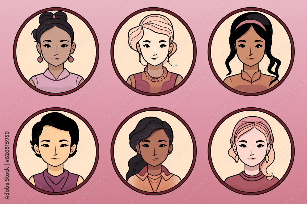 Six cartoon avatar faces, cartoon set of faces in light magenta and light brown colors