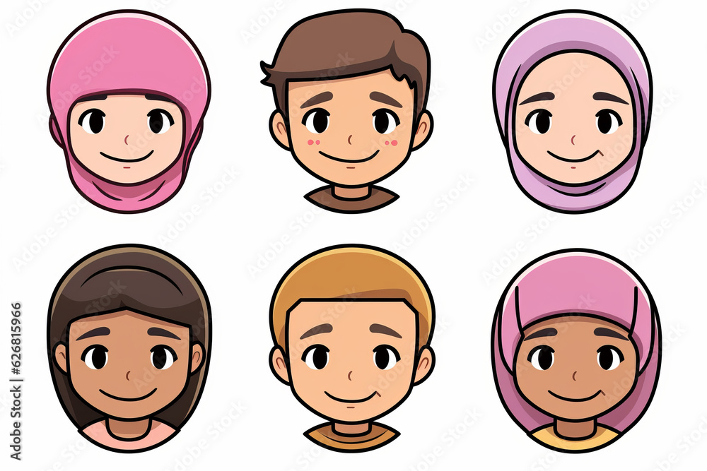 Six cartoon avatar faces, cartoon set of faces in light magenta and light brown colors Six cartoon avatar faces, cartoon set of faces in light magenta and light brown colors
