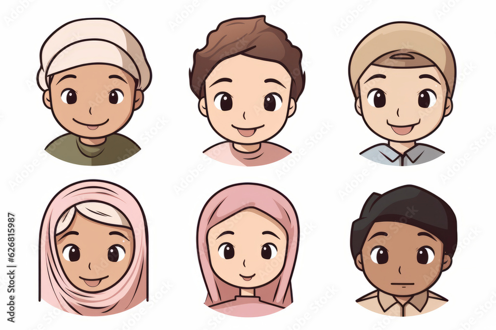 Six cartoon avatar faces, cartoon set of faces in light magenta and light brown colors Six cartoon avatar faces, cartoon set of faces in light magenta and light brown colors