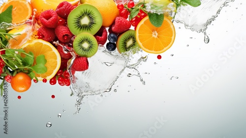 Fototapeta Naklejka Na Ścianę i Meble -  fresh fruit in water splash. whirw background .design with nature light . AI generated.