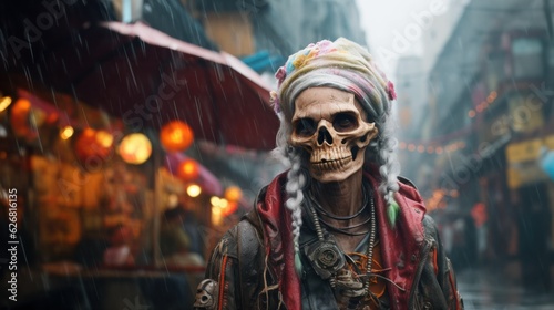 Portrait caricature of a very old eccentric hippie grandma skeleton dressed in ragged arty beaded clothing with flowers in a cold raining distant cyber city future street - generative AI