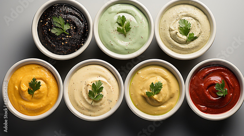 Set of different bowls of various dip sauces. Generative Ai