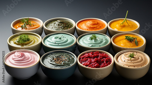 Wallpaper Mural Set of different bowls of various dip sauces. Generative Ai Torontodigital.ca
