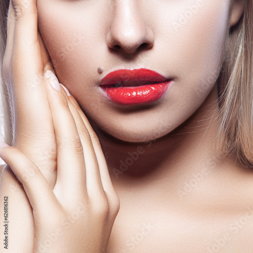 close up portrait of woman with red lips