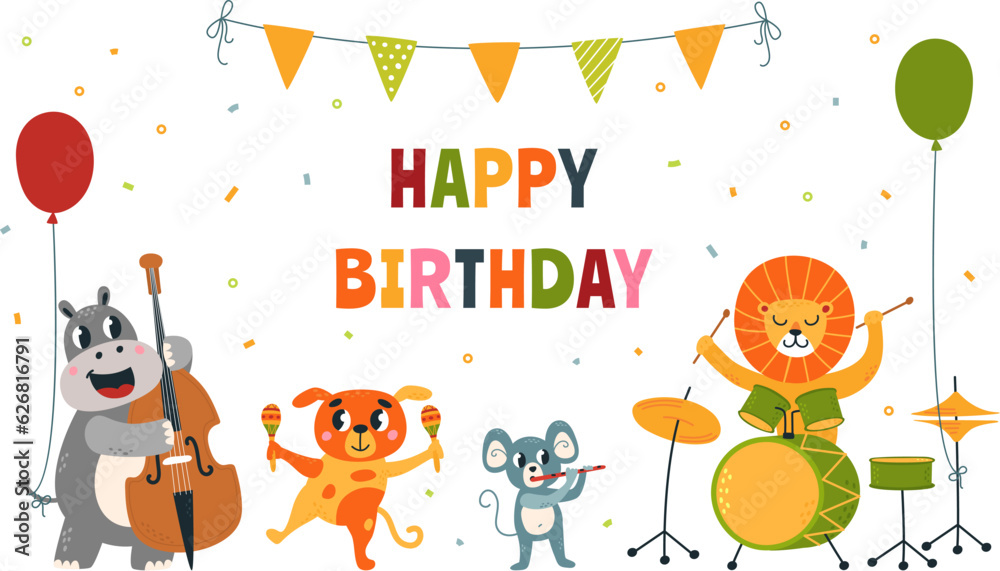 Holiday birthday party animal banner. Animals playing musical instruments, wild music band children characters. Celebrating classy vector poster Holiday birthday party animal banner. Animals playing musical instruments, wild music band children characters. Celebrating classy vector poster
