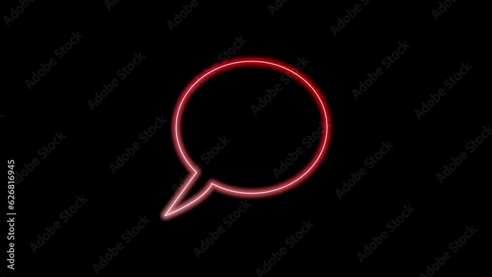 Neon red speech bubble on black background. Glowing blank chat balloon.