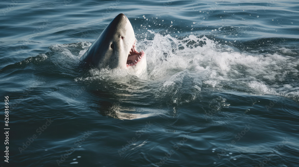 Fototapeta premium Great white shark swimming in the ocean with wide open mouth. Generative AI.