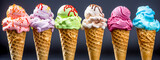 creamy collection of multi-colored ice cream of various flavors in a waffle cone, banner made with Generative AI