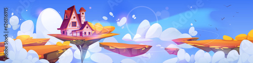 Fantasy house on floating island in autumn sky cartoon landscape. Magic fairytale rock platform flying high in cloud with small hut building nature ui vector concept for videogame environment.