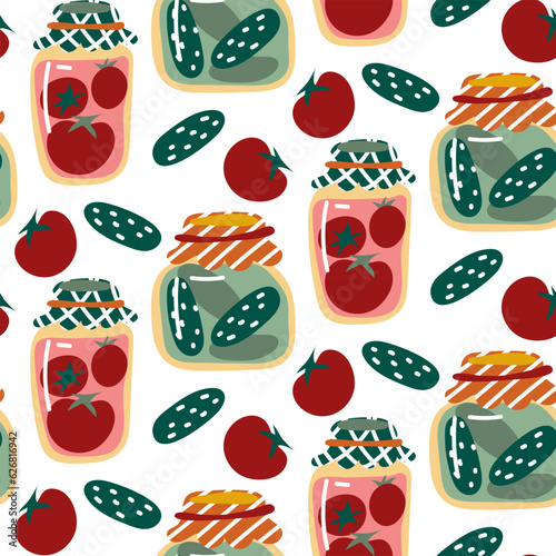 Pattern with jars for pickling vegetables. Canning cucumbers and tomatoes. Fermented food. Autumn canning. Conservation of the crop. Autumn packaging with a white background