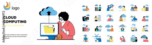 Cloud computing concept with character situations mega set. Bundle of scenes people downloading data and storing on server, using online database and hosting. Vector illustrations in flat web design photo