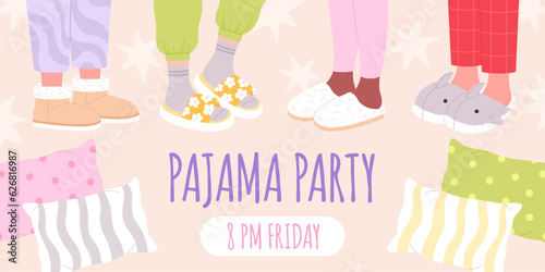 Pajama party invitation banner. Cartoon slippers, girls legs in footwear. Foots in fluffy cozy slipper and pillows. Racy vector sleepy background