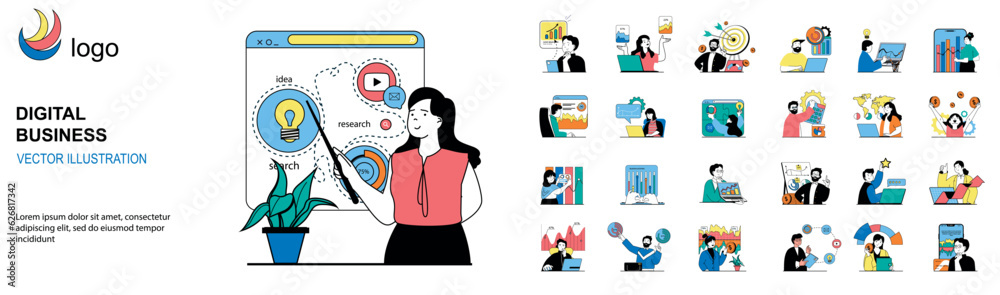 Digital business concept with character situations mega set. Bundle of scenes people brainstorming, making development plan and targeting, investing money. Vector illustrations in flat web design