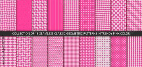 Houndstooth seamless patterns collection in trendy pink color. Pied de poule texture. Repeating pepita plaid patern for design prints. Simple abstract plaid dogstooth. Vector illustration