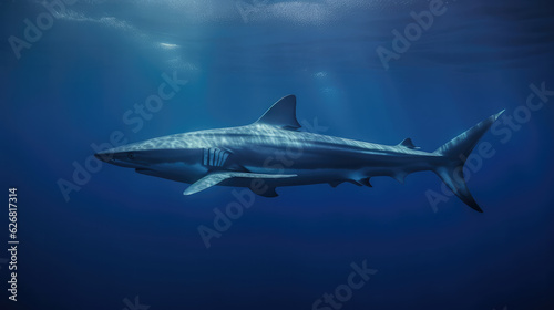 Big white shark swimming in the wide Open ocean. Generative AI.