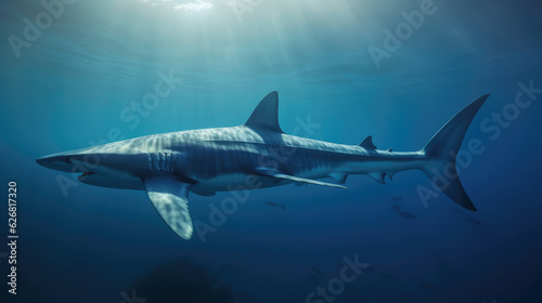 Single big white shark swimming in the wide opean blue ocean. Generative AI. © Markus