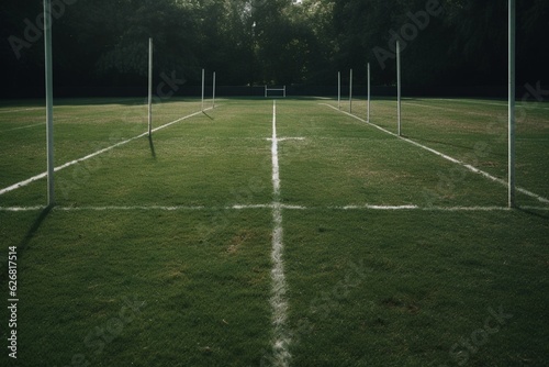 A rectangular grass field with white lines and goal posts for playing rugby. Generative AI