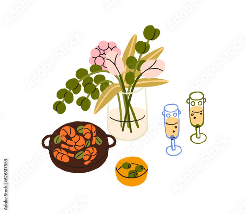 Food, snacks, drinks for romantic dinner. Flower bouquet in vase, champagne in wineglasses, olives, shrimps. Alcohol and appetizers, starters. Flat vector illustration isolated on white background