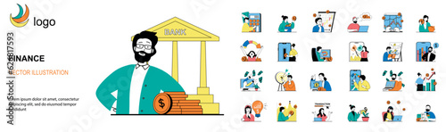 Finance concept with character situations mega set. Bundle of scenes people using online banking and bank services, making transactions, financial management. Vector illustrations in flat web design