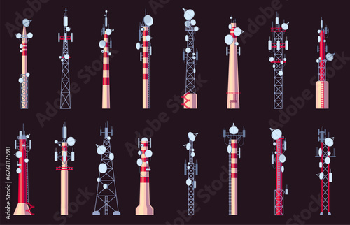 Radio towers. Radio antenna for wireless communication and broadcasting, telecommunication network connection and reception technology. Vector set