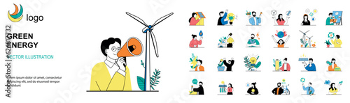 Green energy concept with character situations mega set. Bundle of scenes people using alternative clean energy resources with wind turbines or solar panels. Vector illustrations in flat web design