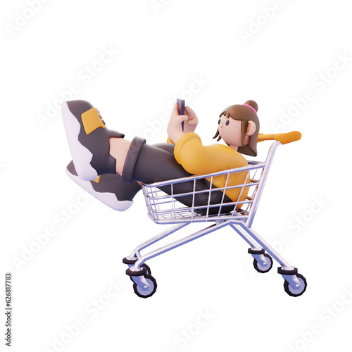 girl sitting in a shopping trolley playing the handpone pose from the front photo