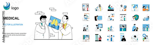 Medical service concept with character situations mega set. Bundle of scenes people visiting clinic for consultation of doctor, healthcare and treatment. Vector illustrations in flat web design
