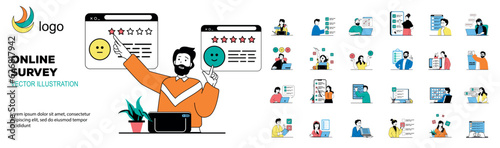 Online survey concept with character situations mega set. Bundle of scenes people passing tests and answering quiz questions, giving feedback in digital forms. Vector illustrations in flat web design